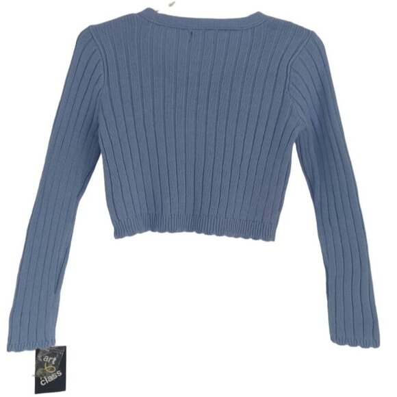 Art Class Blue Ribbed V Neck Long Sleeve Button Up Cardigan Sweater, L(10/12). - Picture 2 of 7